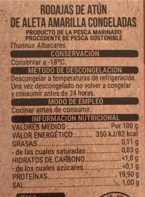 Rodajas de atun de aleta amarilla Hacendado ingredientes