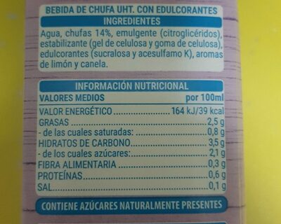 Bebida de chufa Hacendado ingredientes