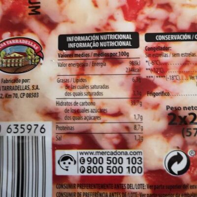 Pizza tomate y queso Hacendado ingredientes